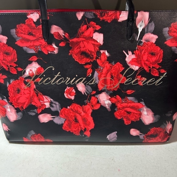 Victoria's secret bag Rose Floral Print Tote Shoulder Bag Black Red - Picture 2 of 9